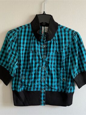 Girls' Juniors Teal & Black Checked Short Sleeve Button-Up Shirt Jacket Top Y2K